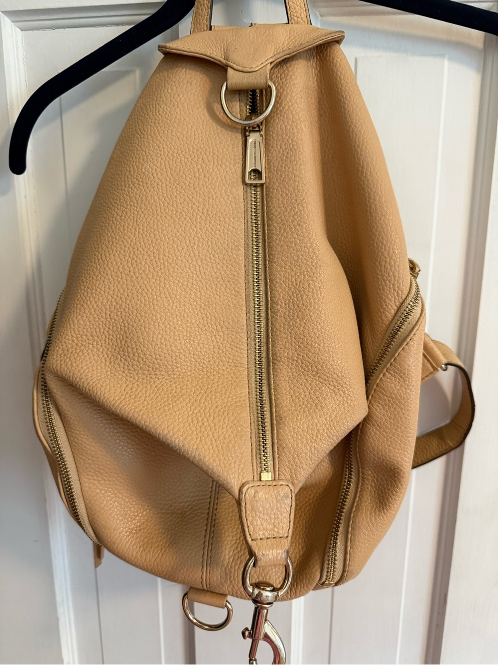 Rebecca Minkoff Tan Pebbled Convertible Sling Backpack with Gold Hardware